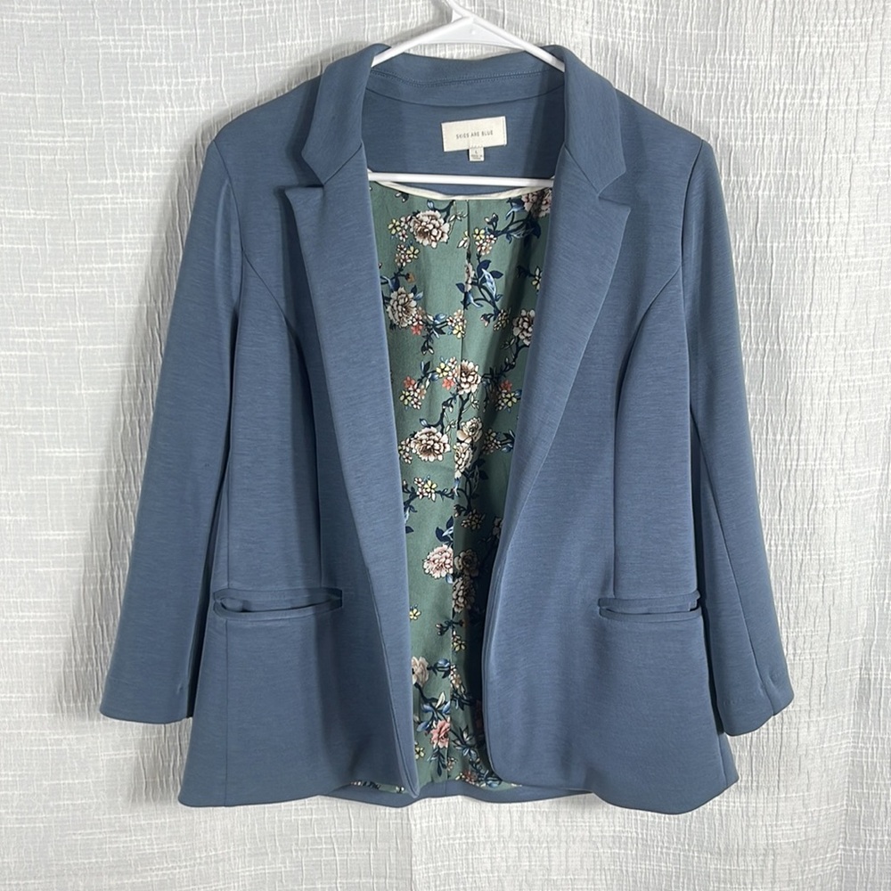 Skies Are Blue Women large Asa Knit Blazer Jacket Navy Blue Notch Collar